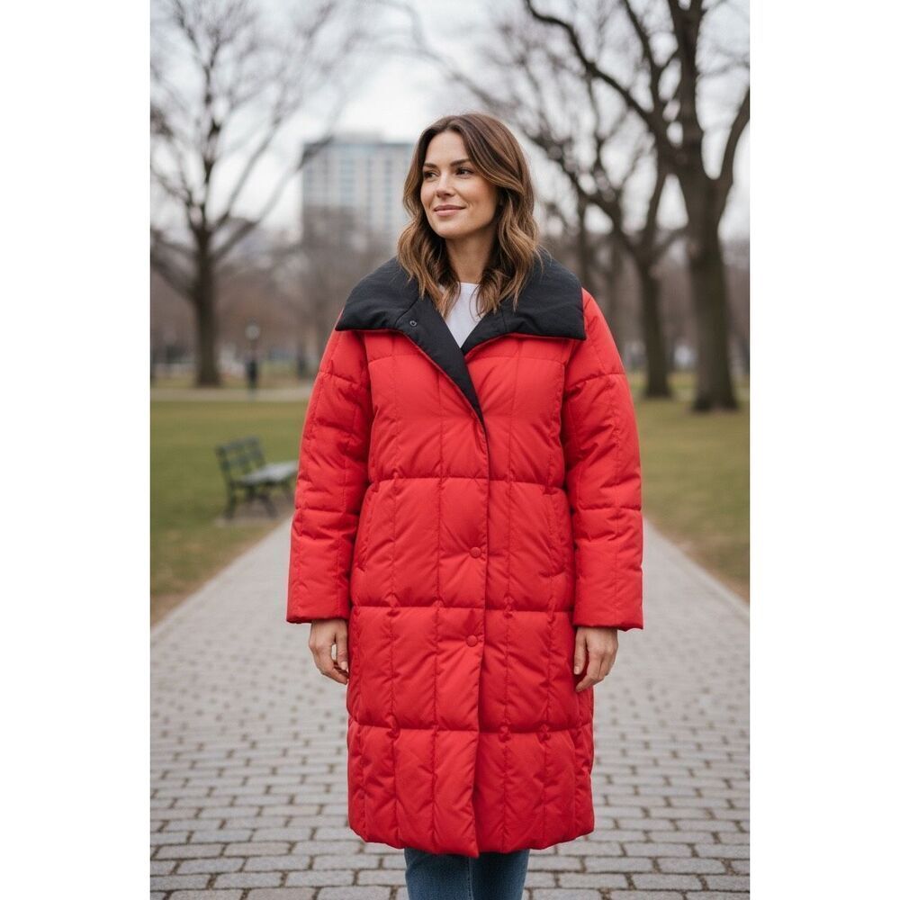 Bill Blass Red Quilted Down Fill Puffer Coat Size 6 Warm Winter Jacket Black Col